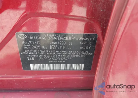 2011 Hyundai Sonata Se from USA, damaged, VIN 5NPEC4AC2BH257650